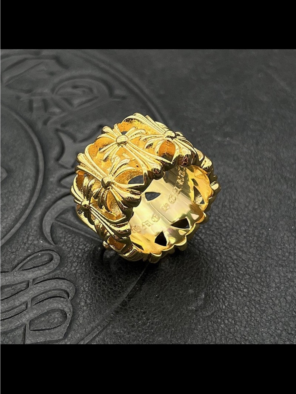 Chrome Hearts Gold Floral Cross Motif Wide Band Ring